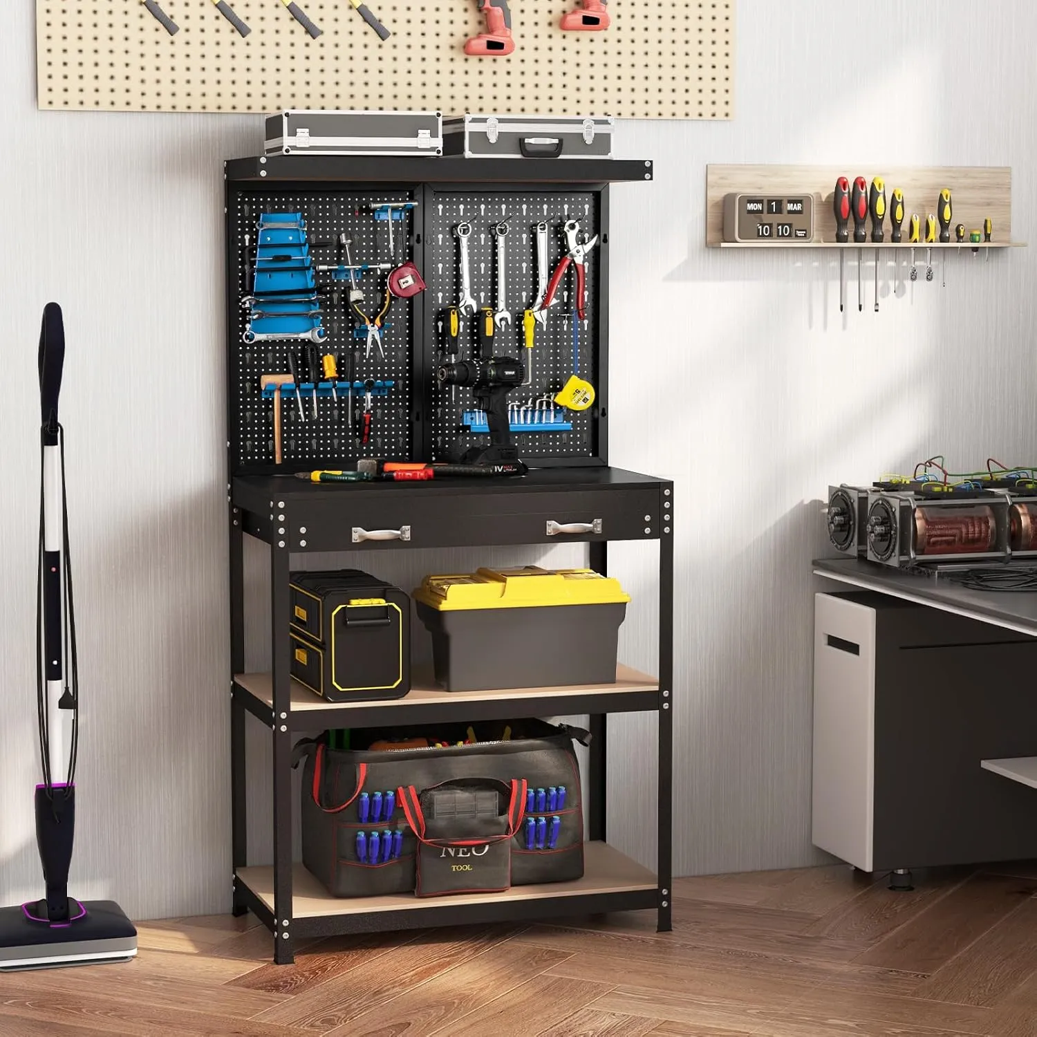 S AFSTAR Garage Workbench with Pegboard, 32 x 16 Inches Tool Storage Workbench with Drawers, 2 Lower Shelves & 14 Hanging Accessories, 220 LBS Heavy-Duty Steel Work Benches for Garage Warehouse