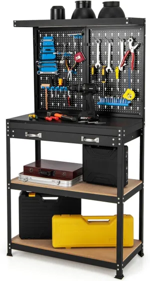 S AFSTAR Garage Workbench with Pegboard, 32 x 16 Inches Tool Storage Workbench with Drawers, 2 Lower Shelves & 14 Hanging Accessories, 220 LBS Heavy-Duty Steel Work Benches for Garage Warehouse