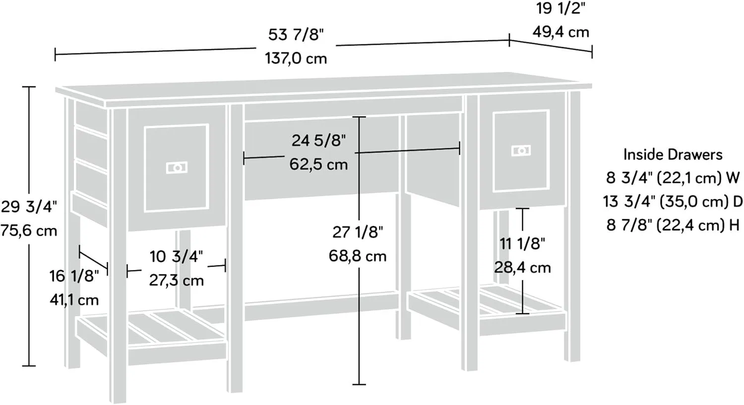 Sauder Cottage Road Computer Drawers and Storage Shelves, Small Study Desk, L: 53.94" x W: 19.45" x H: 29.76", Soft White Finish