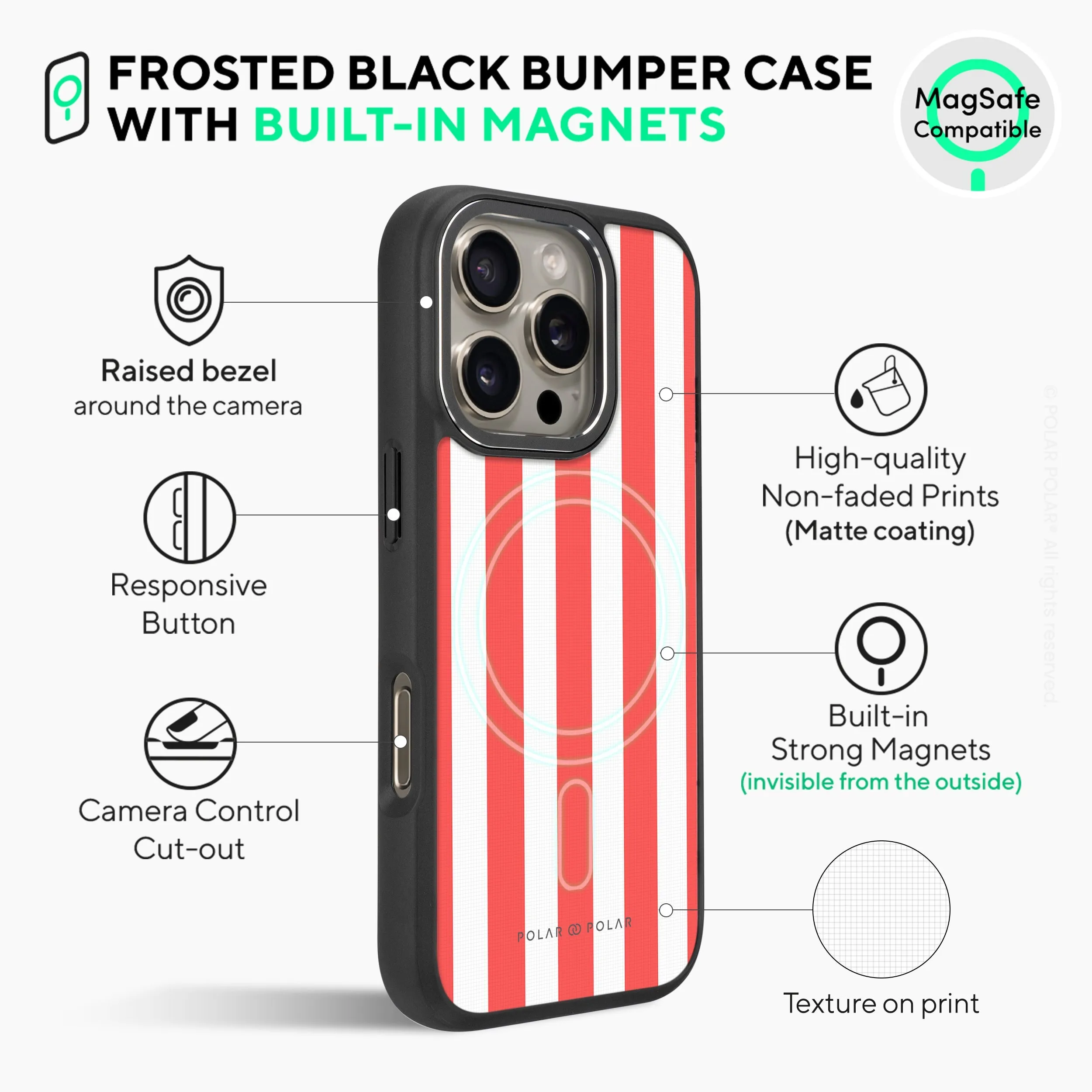 Scarlet Stripe - iPhone 16 Pro Max Frosted Black Bumper MagSafe Case