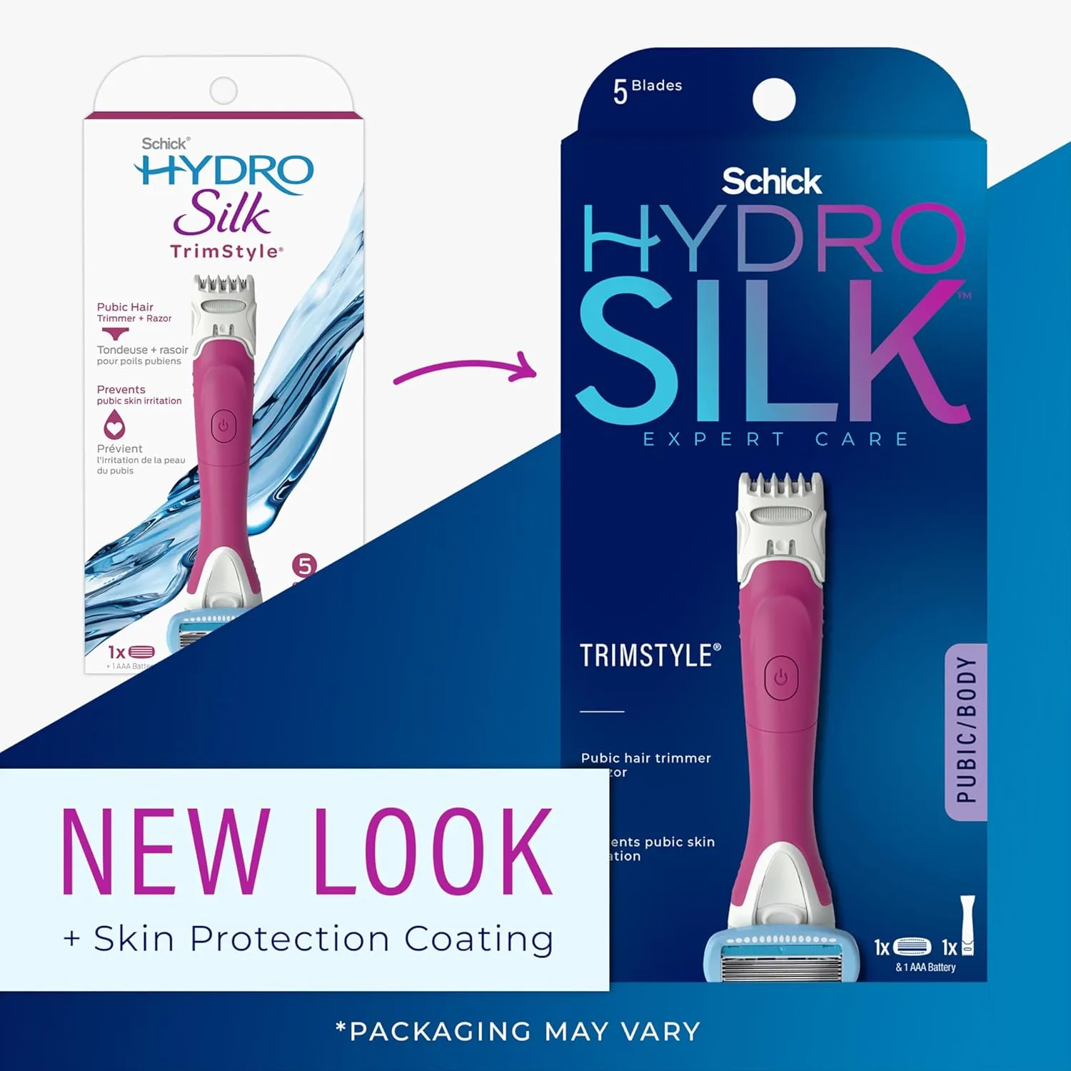 Schick Hydro Silk TrimStyle Razor with Bikini Trimmer for Women | 2-in-1 Bikini Razor for Women and Womens Trimmer for Pubic Hair, Includes 1 Waterproof Handle, 1 Refill & 1 AAA Battery