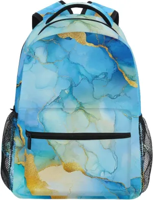 School Backpack for Women Men Fashion School Book Bag with Chest Strap for College Work Marble Yellow Blue