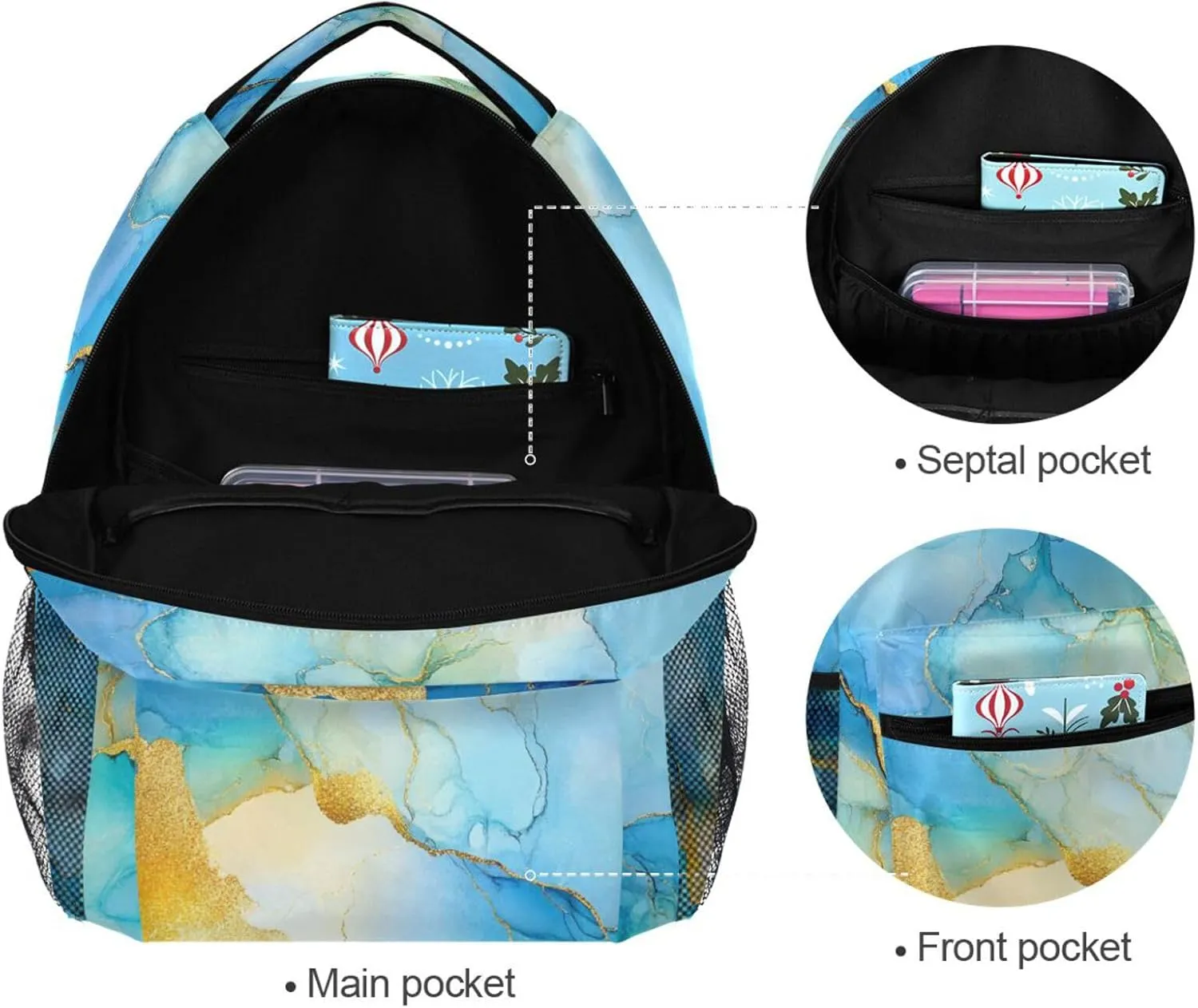 School Backpack for Women Men Fashion School Book Bag with Chest Strap for College Work Marble Yellow Blue