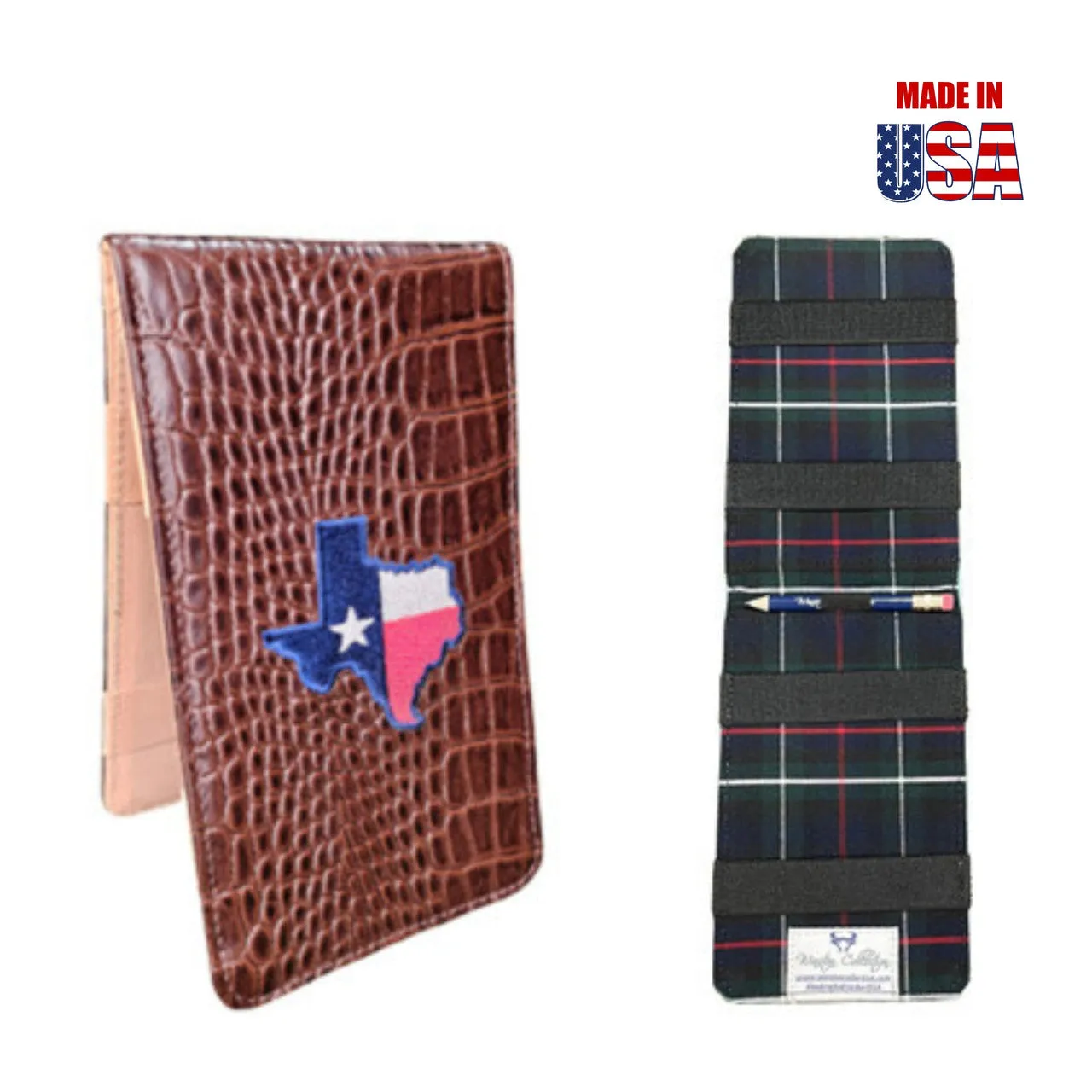 Scorecard Holder & Yardage Book, Outline of Texas with the flag embroidered inside it