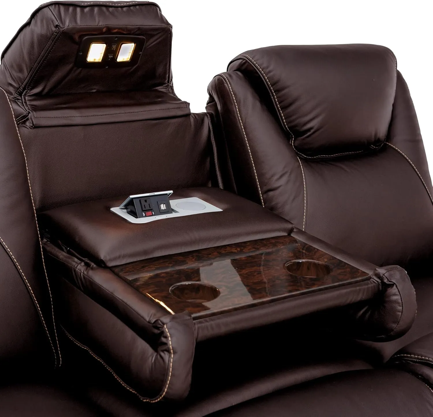 Seatcraft Concerto Heat & Massage, Italian Leather Sofa w/Fold-Down Table, Power Headrest, Power Recline, Brown