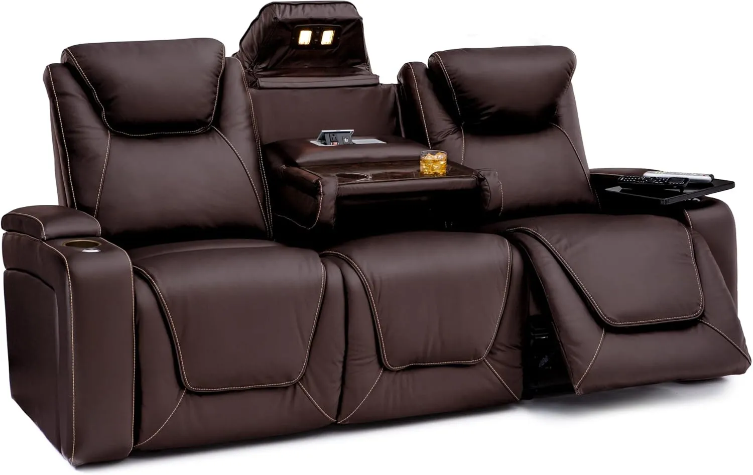 Seatcraft Concerto Heat & Massage, Italian Leather Sofa w/Fold-Down Table, Power Headrest, Power Recline, Brown