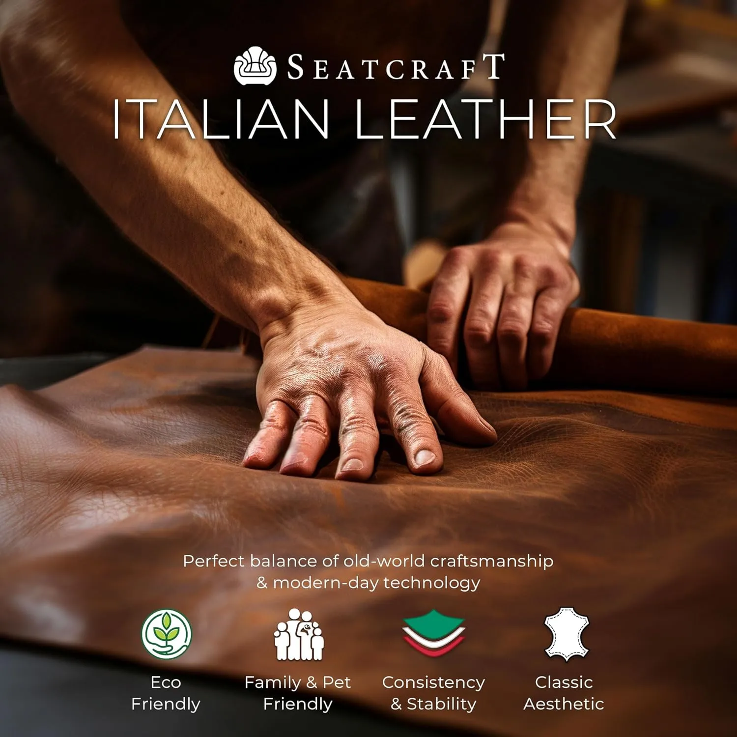 Seatcraft Concerto Heat & Massage, Italian Leather Sofa w/Fold-Down Table, Power Headrest, Power Recline, Brown