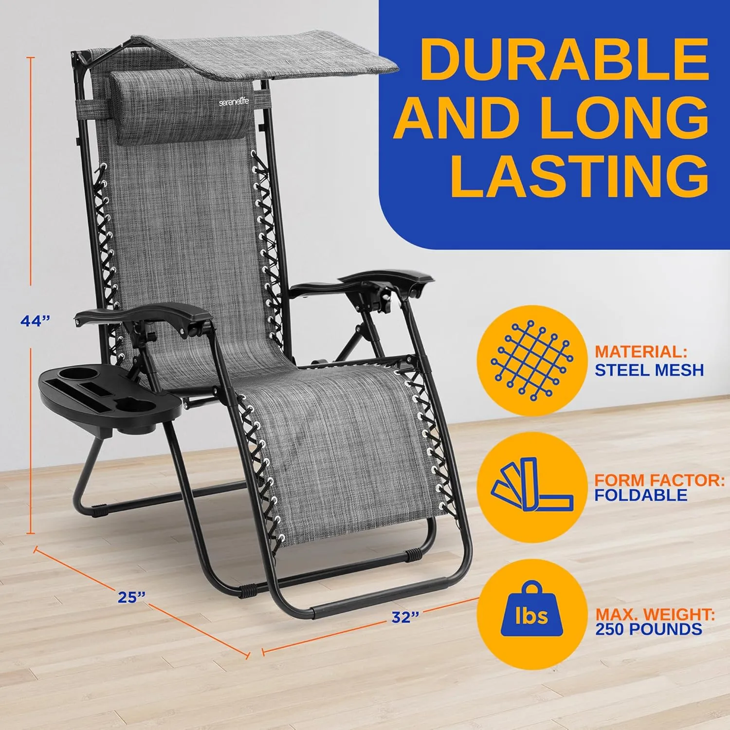 SereneLife 2-Pack Zero Gravity Lounge Chairs with Adjustable Canopy – Foldable Outdoor Recliners with Pillow Side Table Cup Holder – Steel Frame & Textilene Fabric, 264 lbs. Capacity (Gray)