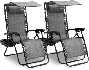 SereneLife 2-Pack Zero Gravity Lounge Chairs with Adjustable Canopy – Foldable Outdoor Recliners with Pillow Side Table Cup Holder – Steel Frame & Textilene Fabric, 264 lbs. Capacity (Gray)