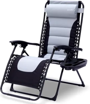 SereneLife SL1ZGRCP21.5 Outdoor Foldable Padded Zero Gravity Lawn Chair-Adjustable Recliners with Plastic Cup Holder Side Table and Pillow (Gray and Black)