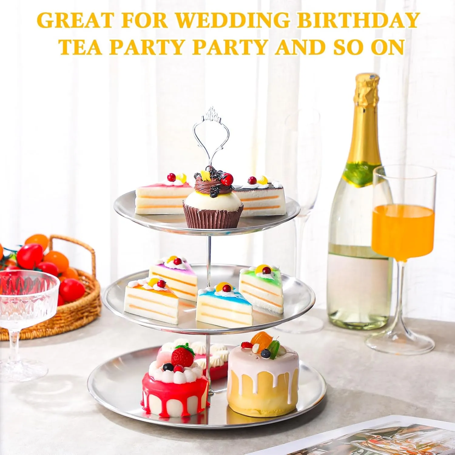 Set of 2 Cupcake Display Stands 3 Tier Serving Tray Platters Stainless Steel Cup Cake Tower for Birthday Party Wedding Dessert Cookie Candy(Silver)