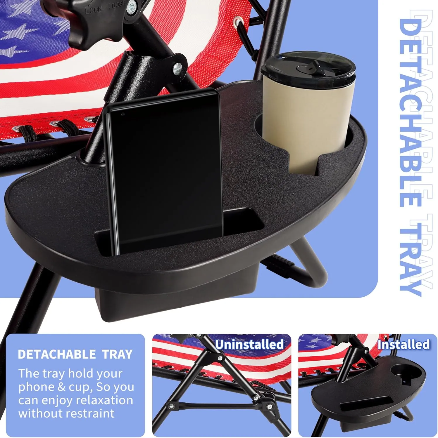 Set of 2 Zero Gravity Lounge Chairs Adjustable Steel Mesh Relaxing Recliners Outdoor Folding Patio Lawn Chair w/Pillows & Cup Holder Trays - American Flag