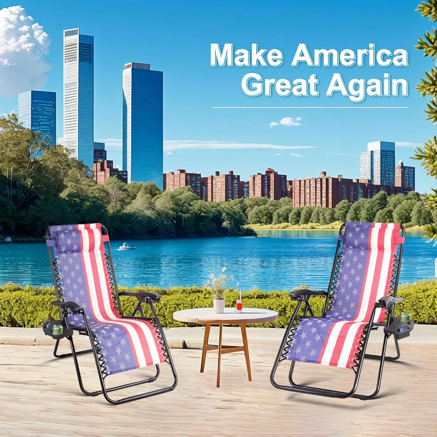 Set of 2 Zero Gravity Lounge Chairs Adjustable Steel Mesh Relaxing Recliners Outdoor Folding Patio Lawn Chair w/Pillows & Cup Holder Trays - American Flag