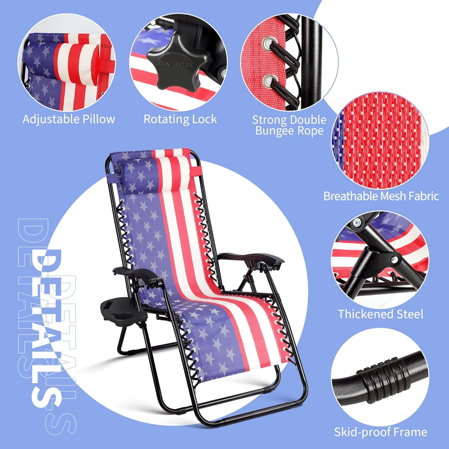 Set of 2 Zero Gravity Lounge Chairs Adjustable Steel Mesh Relaxing Recliners Outdoor Folding Patio Lawn Chair w/Pillows & Cup Holder Trays - American Flag