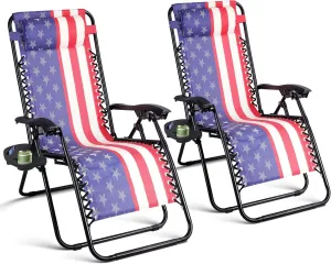 Set of 2 Zero Gravity Lounge Chairs Adjustable Steel Mesh Relaxing Recliners Outdoor Folding Patio Lawn Chair w/Pillows & Cup Holder Trays - American Flag