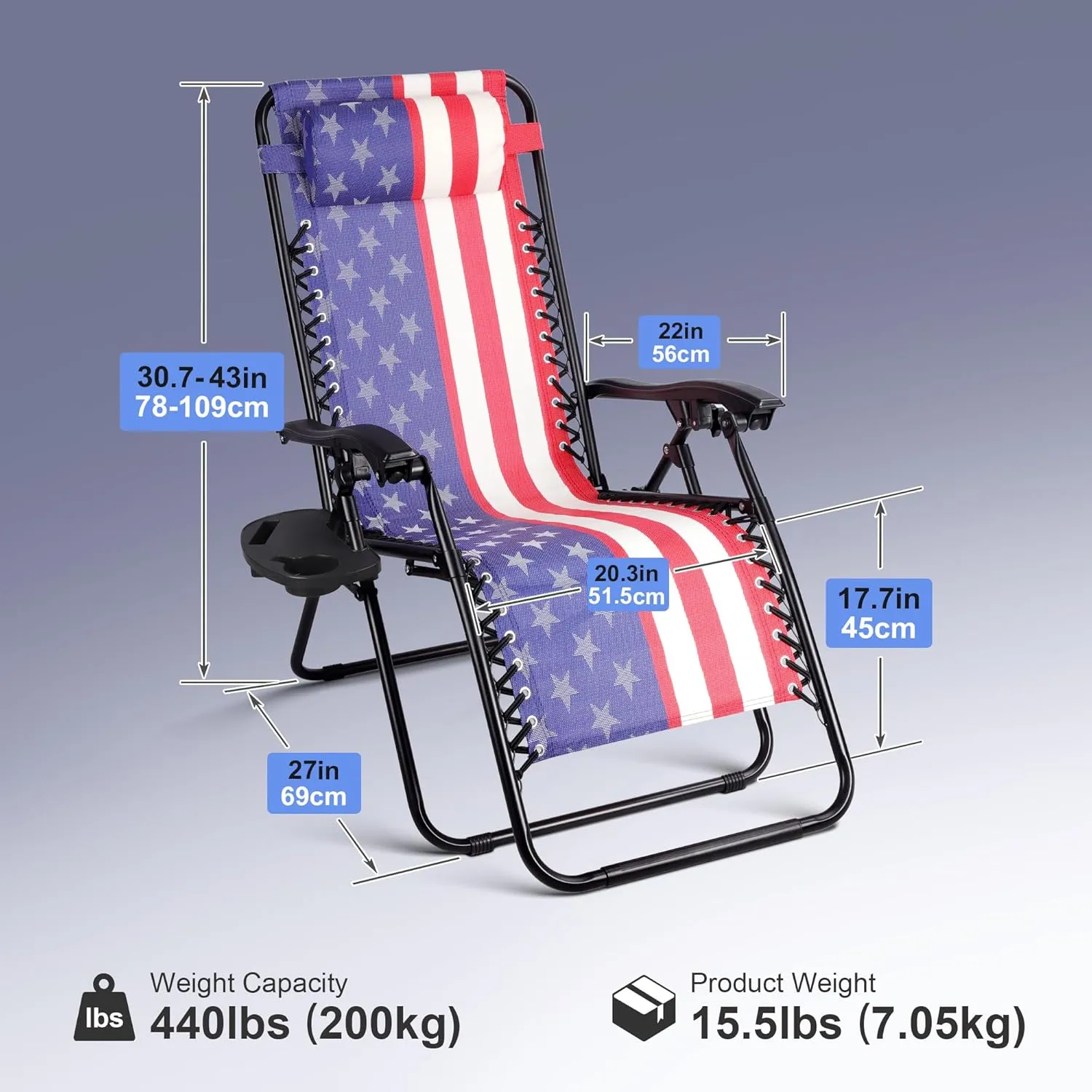 Set of 2 Zero Gravity Lounge Chairs Adjustable Steel Mesh Relaxing Recliners Outdoor Folding Patio Lawn Chair w/Pillows & Cup Holder Trays - American Flag
