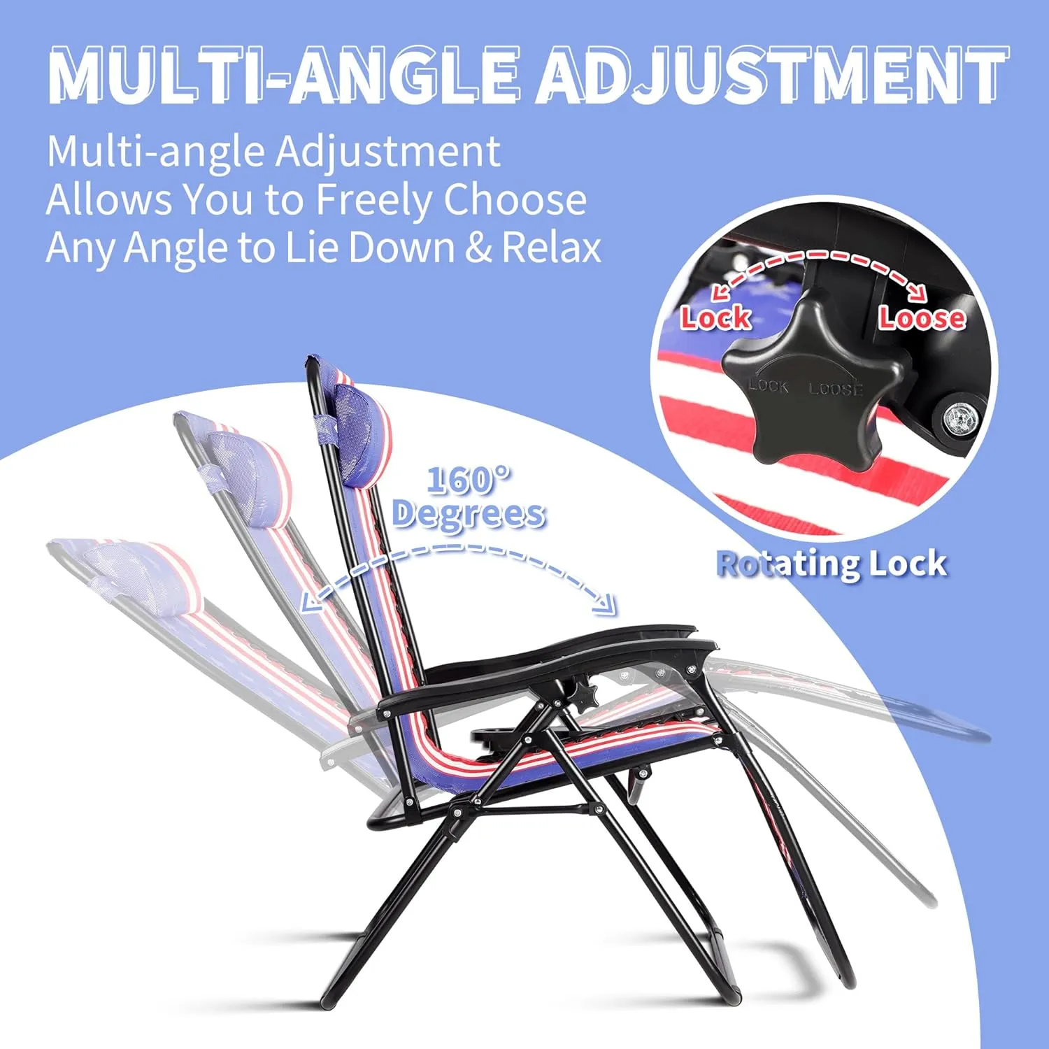 Set of 2 Zero Gravity Lounge Chairs Adjustable Steel Mesh Relaxing Recliners Outdoor Folding Patio Lawn Chair w/Pillows & Cup Holder Trays - American Flag
