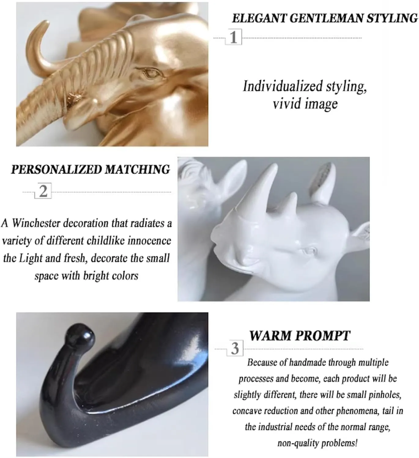 Set of 3 Creative Animal Head Wall Mount Hooks, Antlers, Elephant, Rhino, Horse, Sheep, Giraffe Resin Heavy Duty Single Hook for Coat, Bag, Towel, Key, Decorative Gift, Holds 20 Lbs, Black Rhinoceros