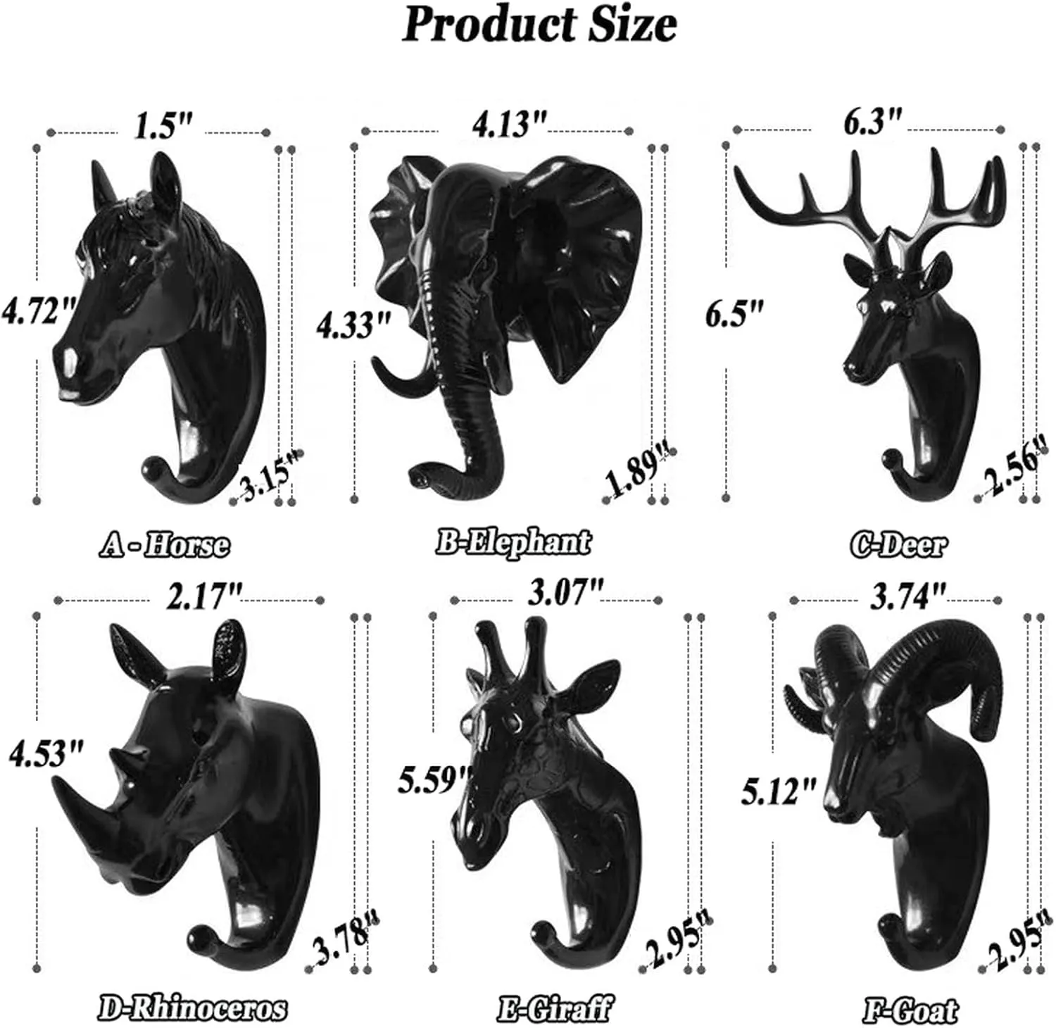Set of 3 Creative Animal Head Wall Mount Hooks, Antlers, Elephant, Rhino, Horse, Sheep, Giraffe Resin Heavy Duty Single Hook for Coat, Bag, Towel, Key, Decorative Gift, Holds 20 Lbs, Black Rhinoceros