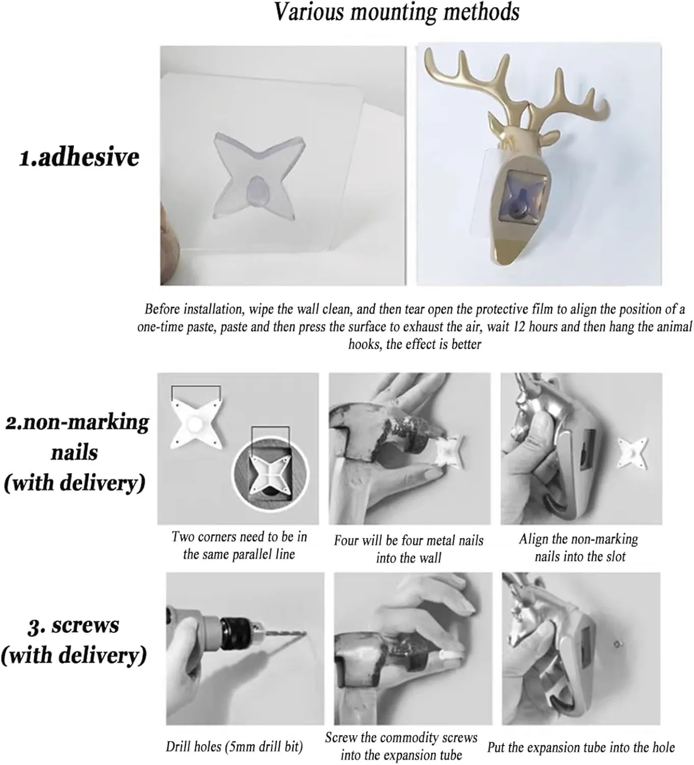 Set of 3 Creative Animal Head Wall Mount Hooks, Antlers, Elephant, Rhino, Horse, Sheep, Giraffe Resin Heavy Duty Single Hook for Coat, Bag, Towel, Key, Decorative Gift, Holds 20 Lbs, Black Rhinoceros