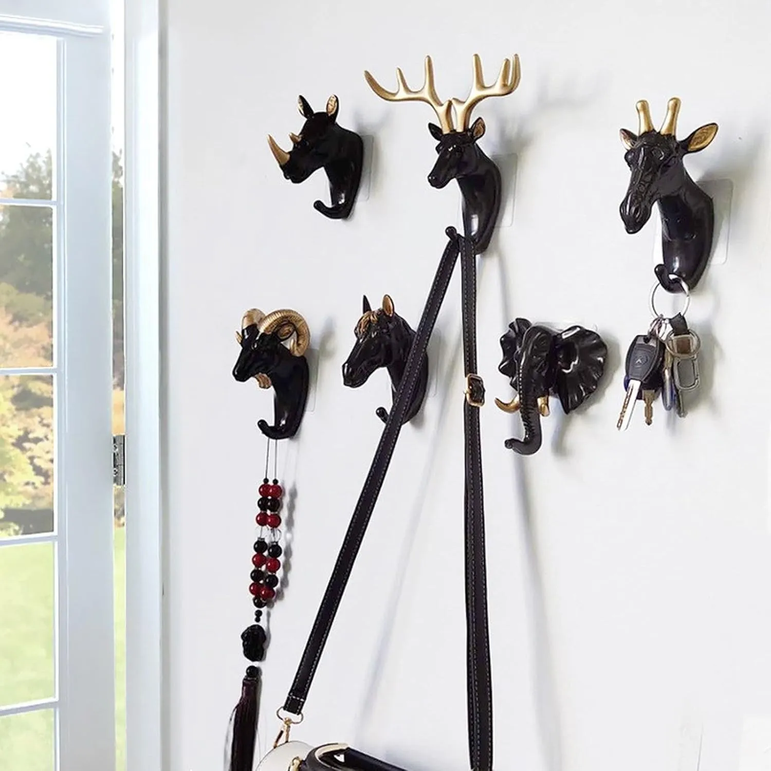 Set of 3 Creative Animal Head Wall Mount Hooks, Antlers, Elephant, Rhino, Horse, Sheep, Giraffe Resin Heavy Duty Single Hook for Coat, Bag, Towel, Key, Decorative Gift, Holds 20 Lbs, Black Rhinoceros