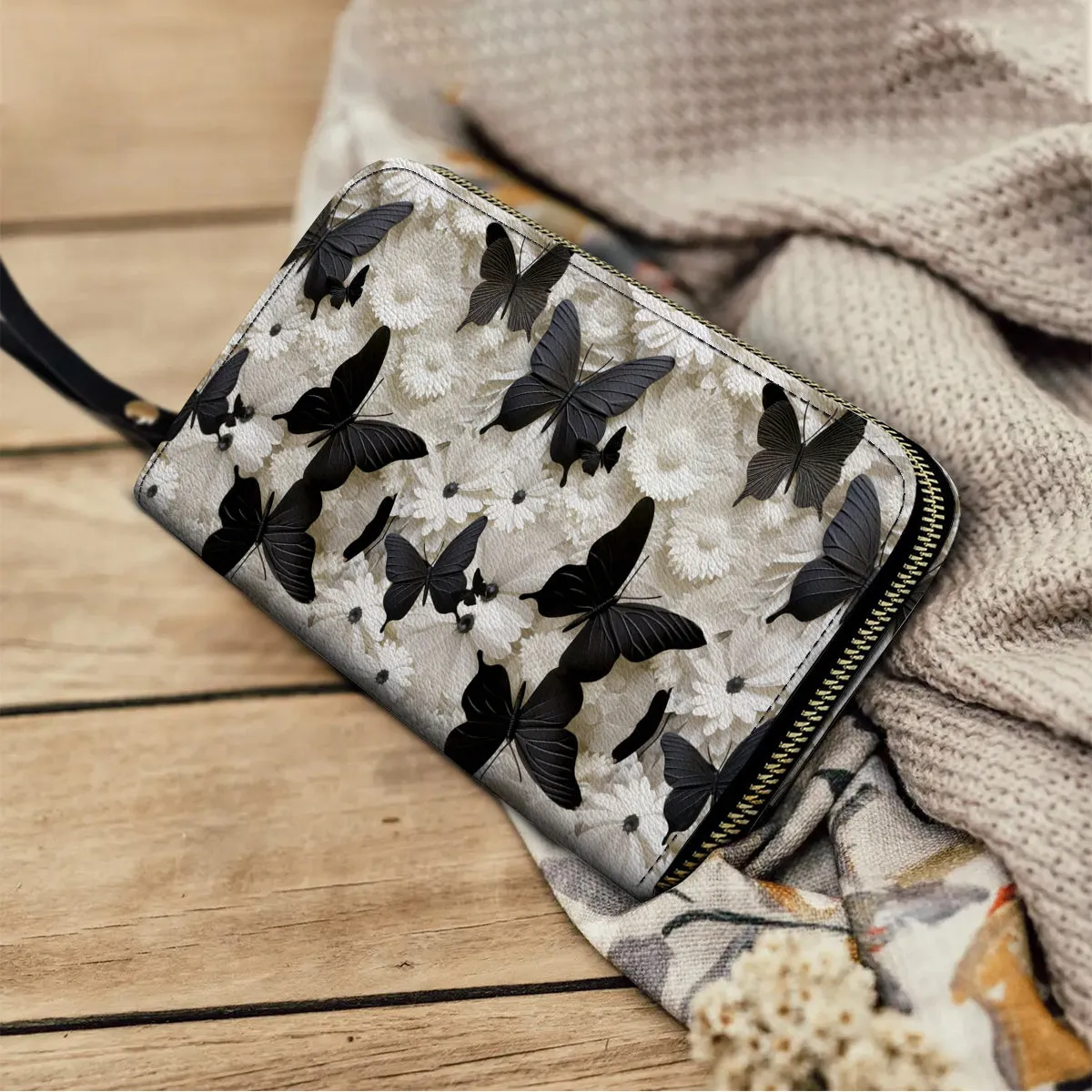 Shineful Leather Clutch Purse With Wristlet Strap Handle Black Butterfly