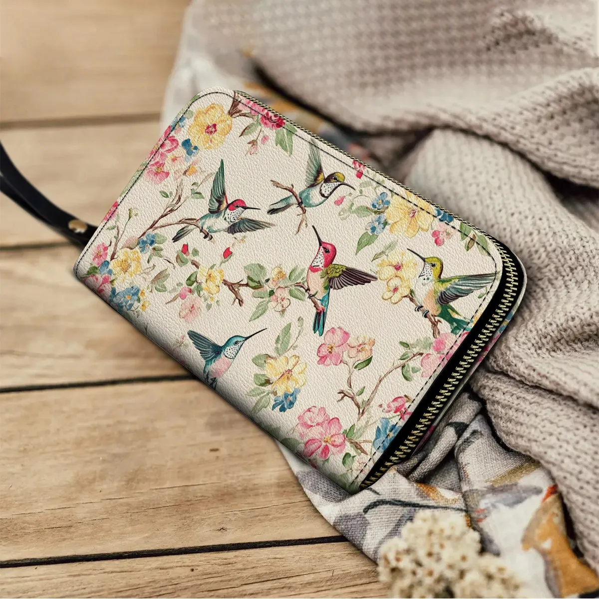 Shineful Leather Clutch Purse With Wristlet Strap Handle Hummingbird Symphony