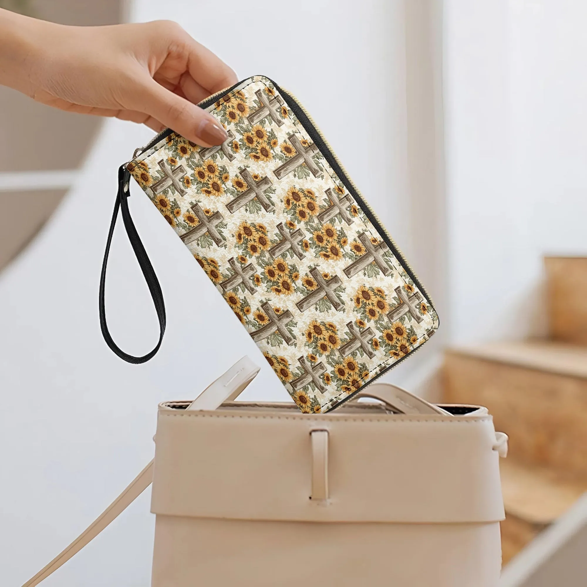 Shineful Leather Clutch Purse With Wristlet Strap Handle Rustic Sunflower Cross