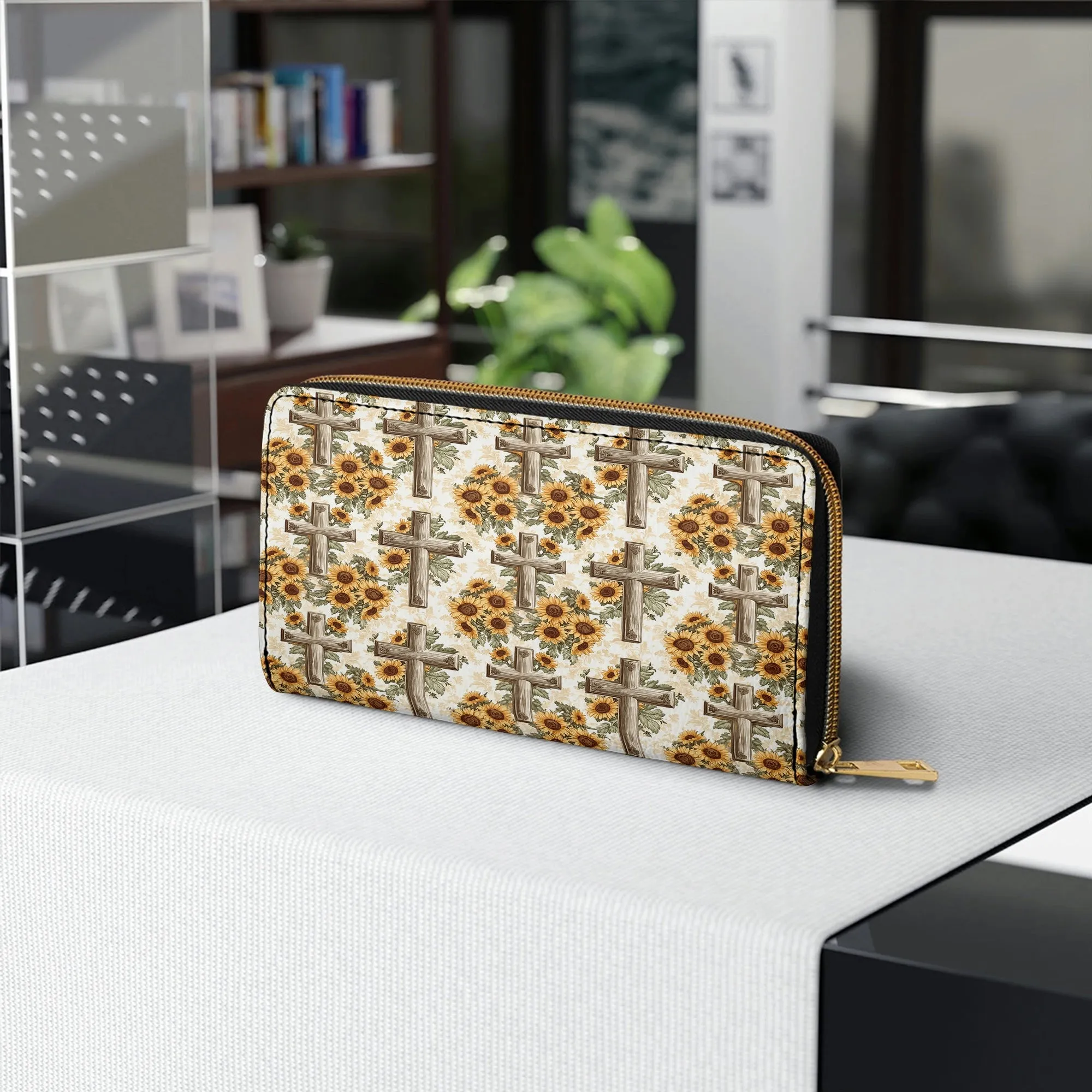 Shineful Leather Clutch Purse With Wristlet Strap Handle Rustic Sunflower Cross