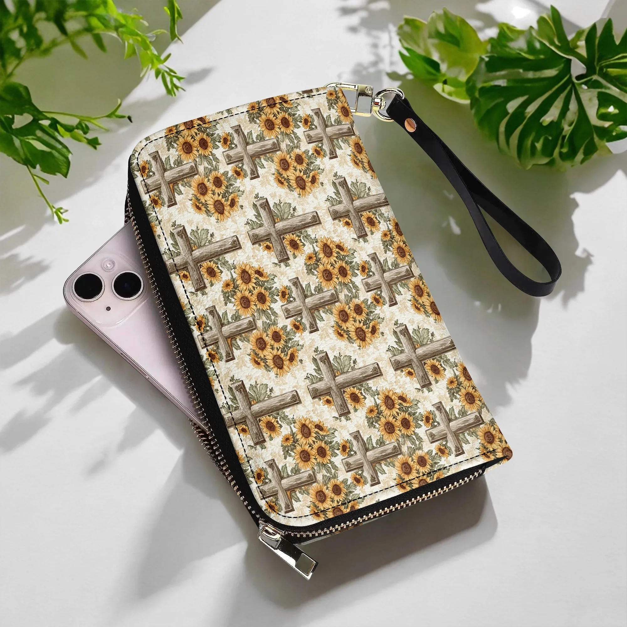 Shineful Leather Clutch Purse With Wristlet Strap Handle Rustic Sunflower Cross