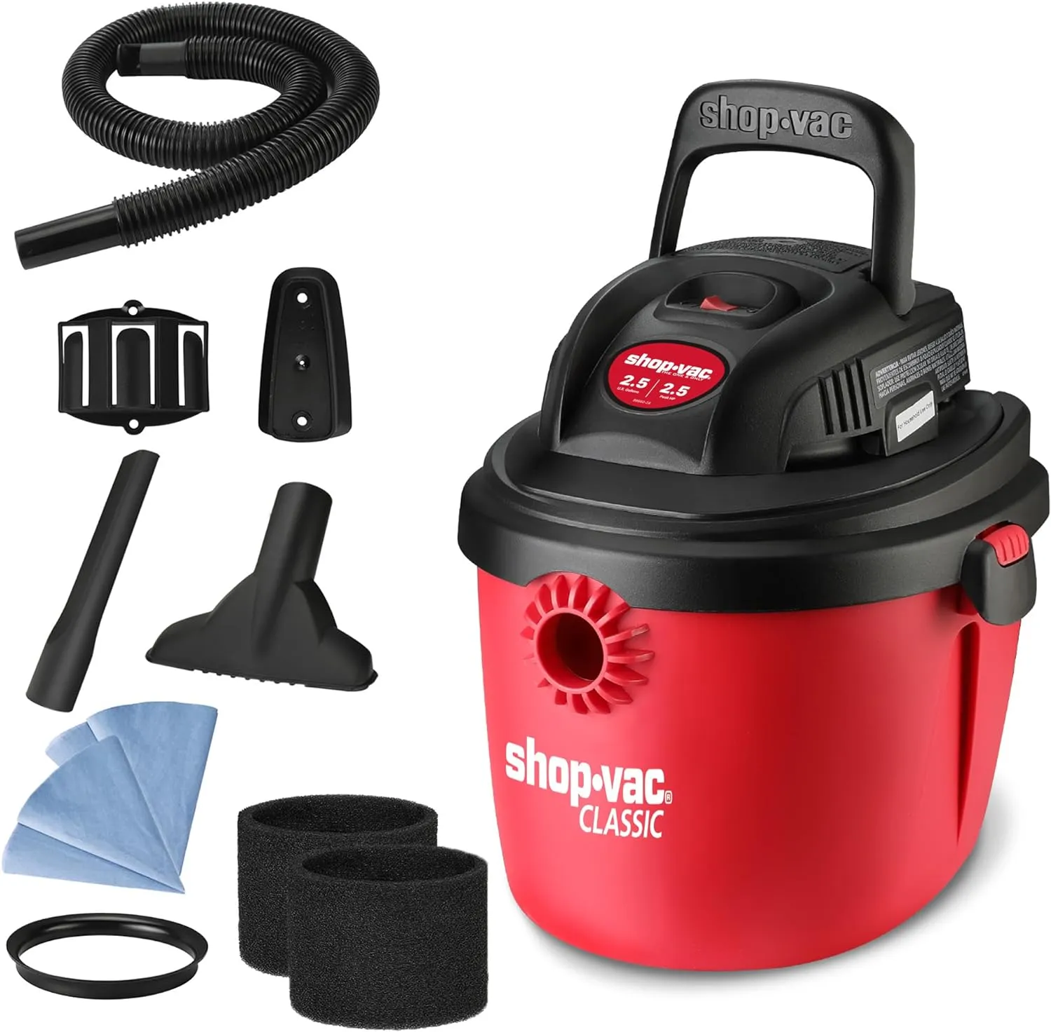 Shop-Vac 2.5 Gallon 2.5 Peak HP Wet/Dry Vacuum, Portable Compact Shop Vacuum with Collapsible Handle Wall Bracket & Multifunctional Attachments for Home, Jobsite. 2036000