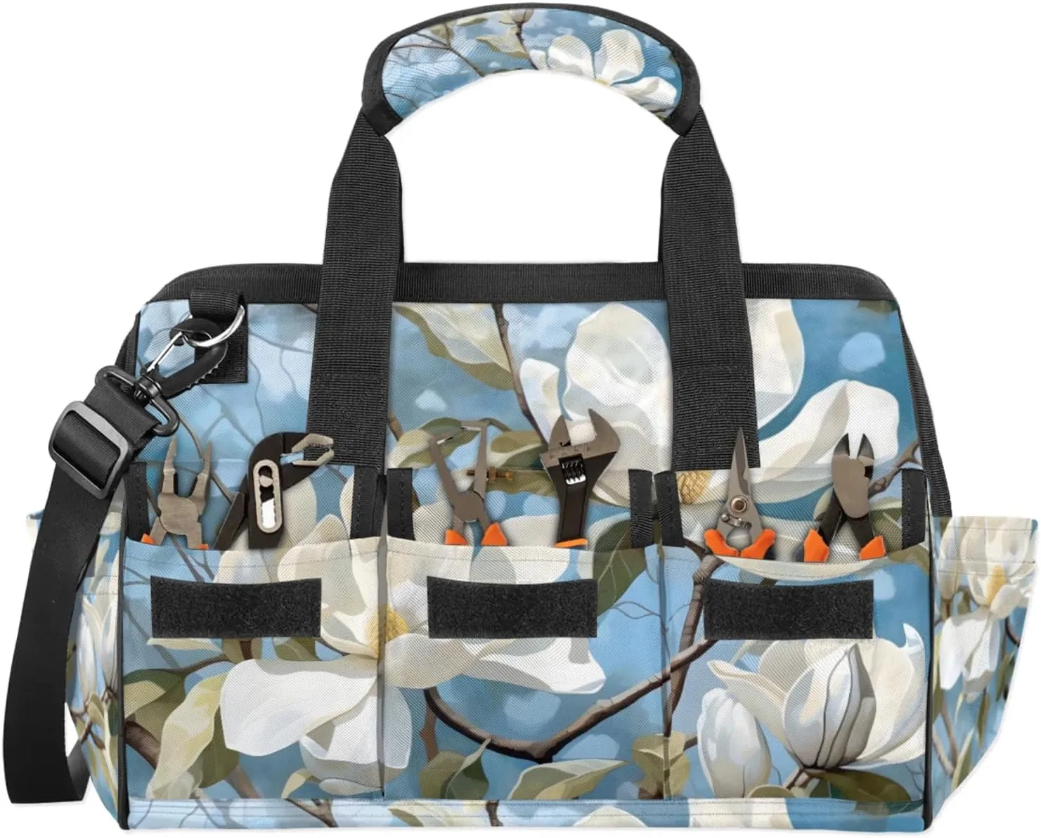 Shy Flower Tool Bag Wide Mouth 14.8" Portable Tools Tote 14 Pockets Waterproof Heavy Duty Tool Organizer Adjustable Shoulder Strap for Men Women Garden Tools