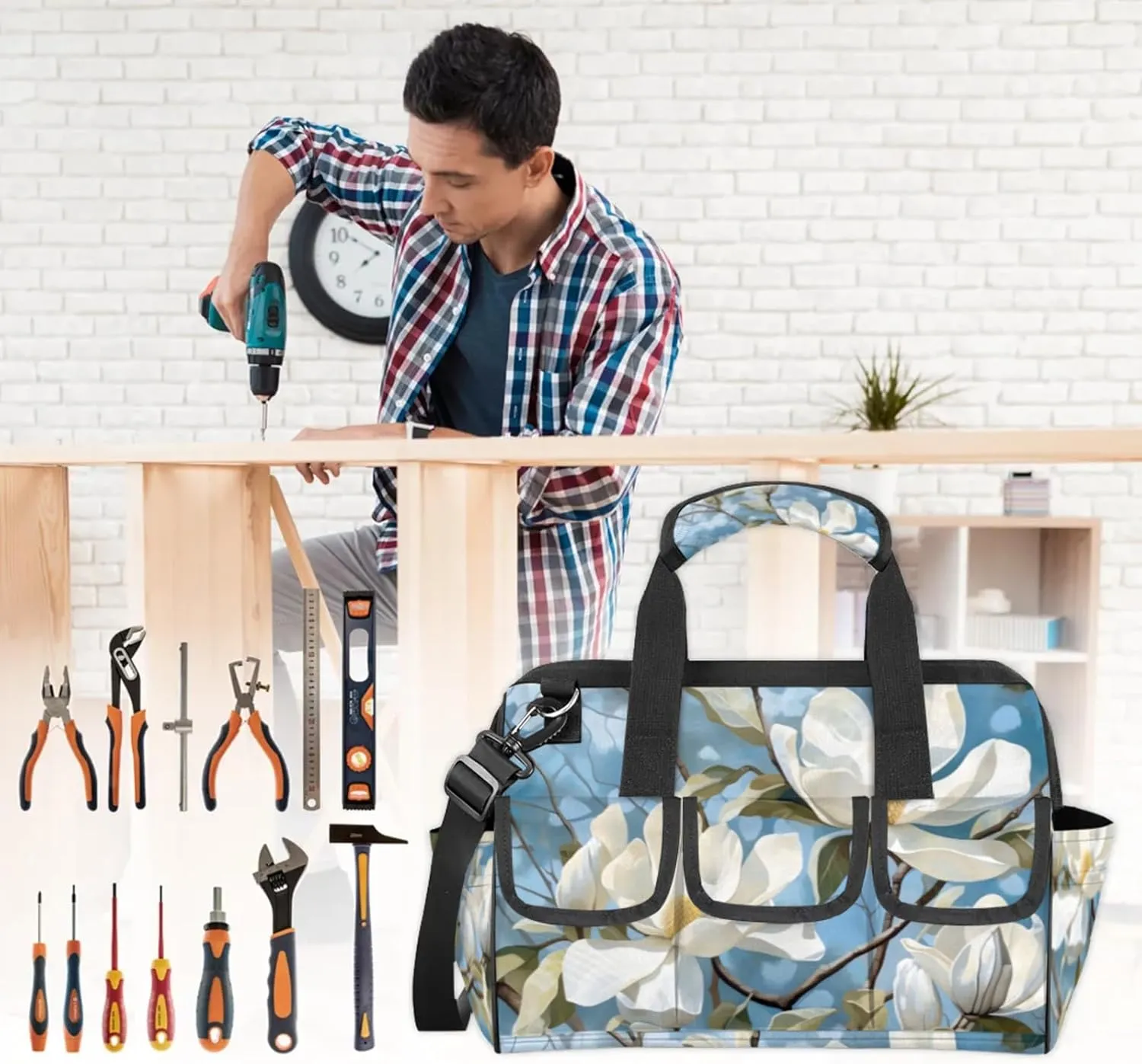 Shy Flower Tool Bag Wide Mouth 14.8" Portable Tools Tote 14 Pockets Waterproof Heavy Duty Tool Organizer Adjustable Shoulder Strap for Men Women Garden Tools