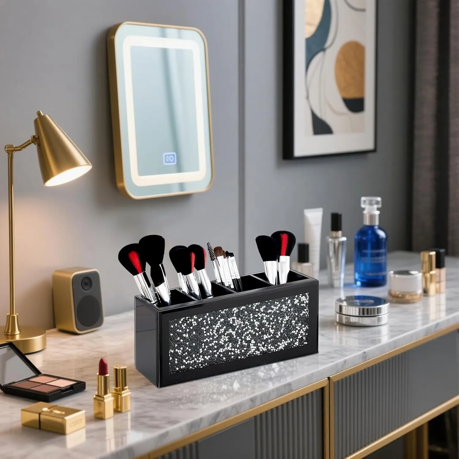 SHYFOY Black Makeup Brush Holder, 4-Compartment Makeup Organizer with Crushed Diamond Crystals, Vanity Cosmetics Organizer Solution, Pencil Holder Organizer for Desk