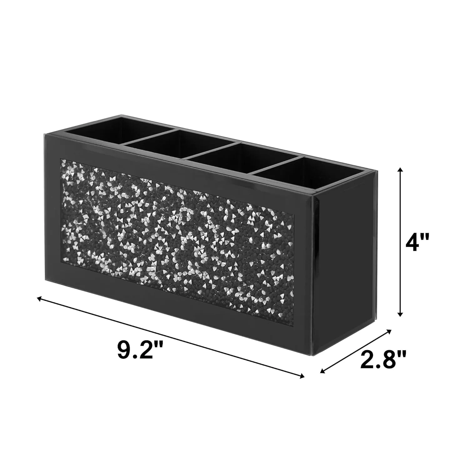 SHYFOY Black Makeup Brush Holder, 4-Compartment Makeup Organizer with Crushed Diamond Crystals, Vanity Cosmetics Organizer Solution, Pencil Holder Organizer for Desk