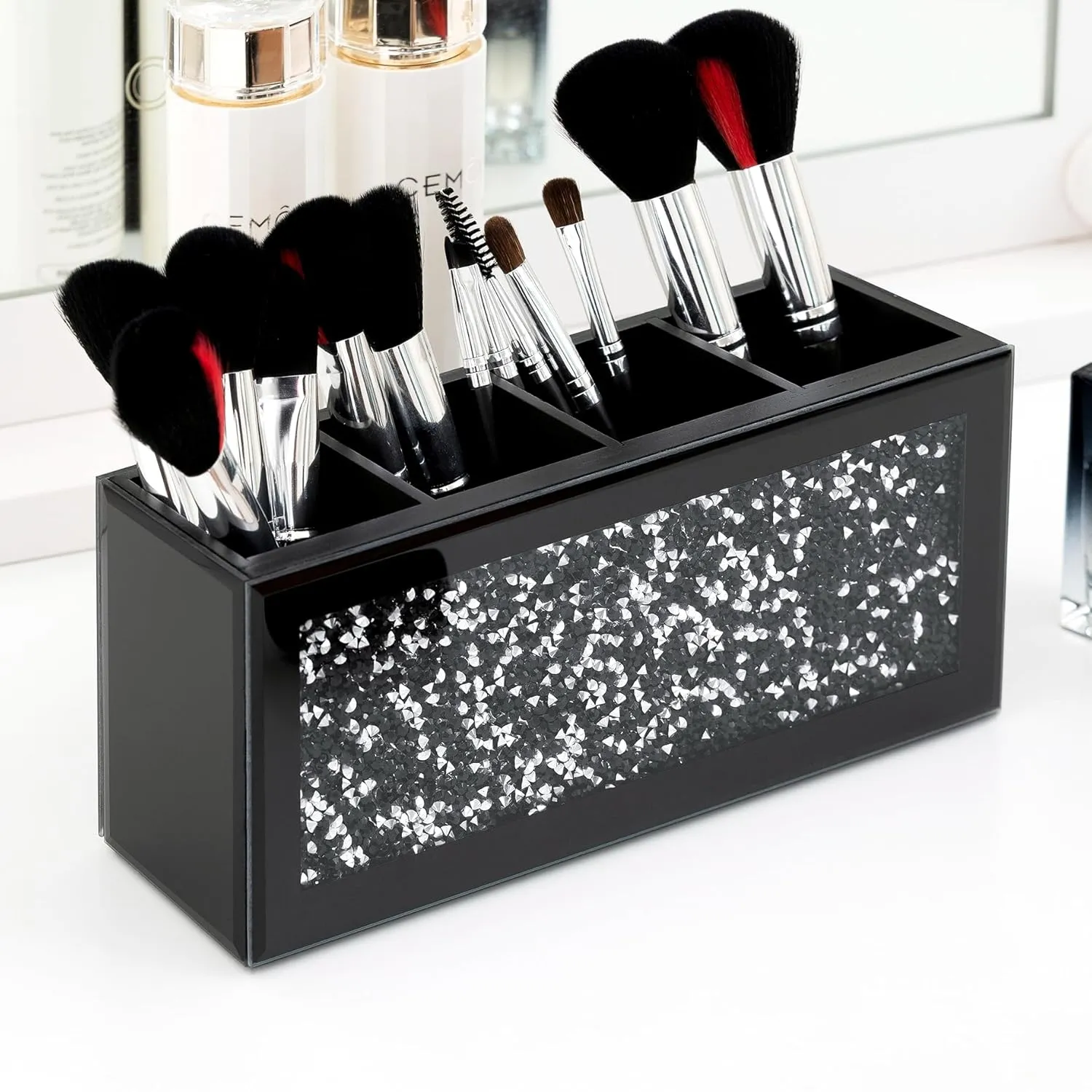 SHYFOY Black Makeup Brush Holder, 4-Compartment Makeup Organizer with Crushed Diamond Crystals, Vanity Cosmetics Organizer Solution, Pencil Holder Organizer for Desk