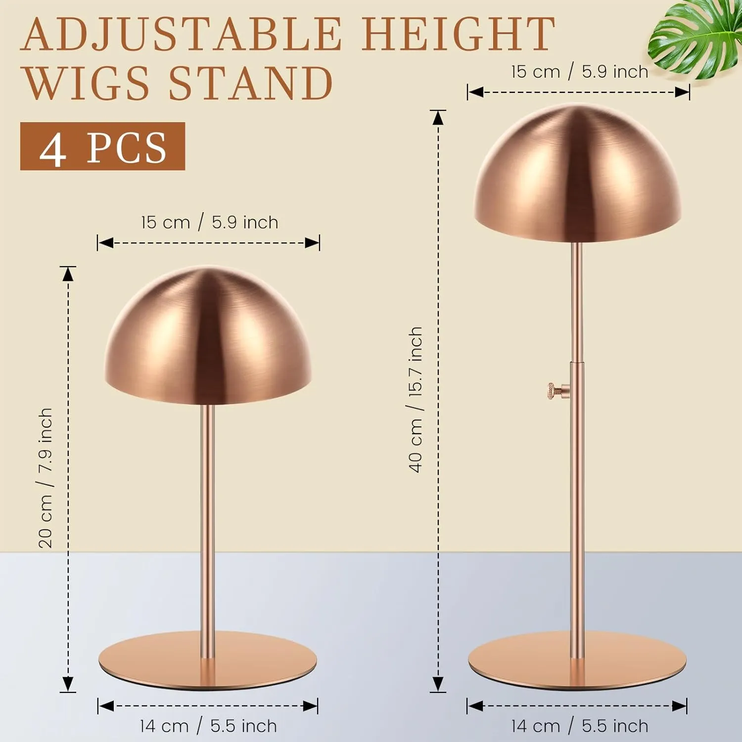 Sintuff 4 Pcs Hat Display Stand 7.9-15.7inch Adjustable Wigs Head Holder Stand Anti Rust Non Slip Stable Stainless Steel Metal Rack for Hat Storage Wig Styling Practice(Rose Gold,Round Base)