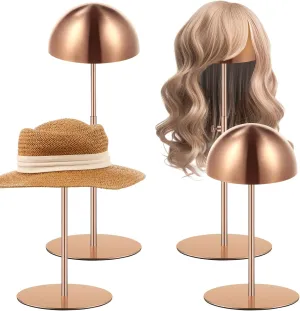 Sintuff 4 Pcs Hat Display Stand 7.9-15.7inch Adjustable Wigs Head Holder Stand Anti Rust Non Slip Stable Stainless Steel Metal Rack for Hat Storage Wig Styling Practice(Rose Gold,Round Base)