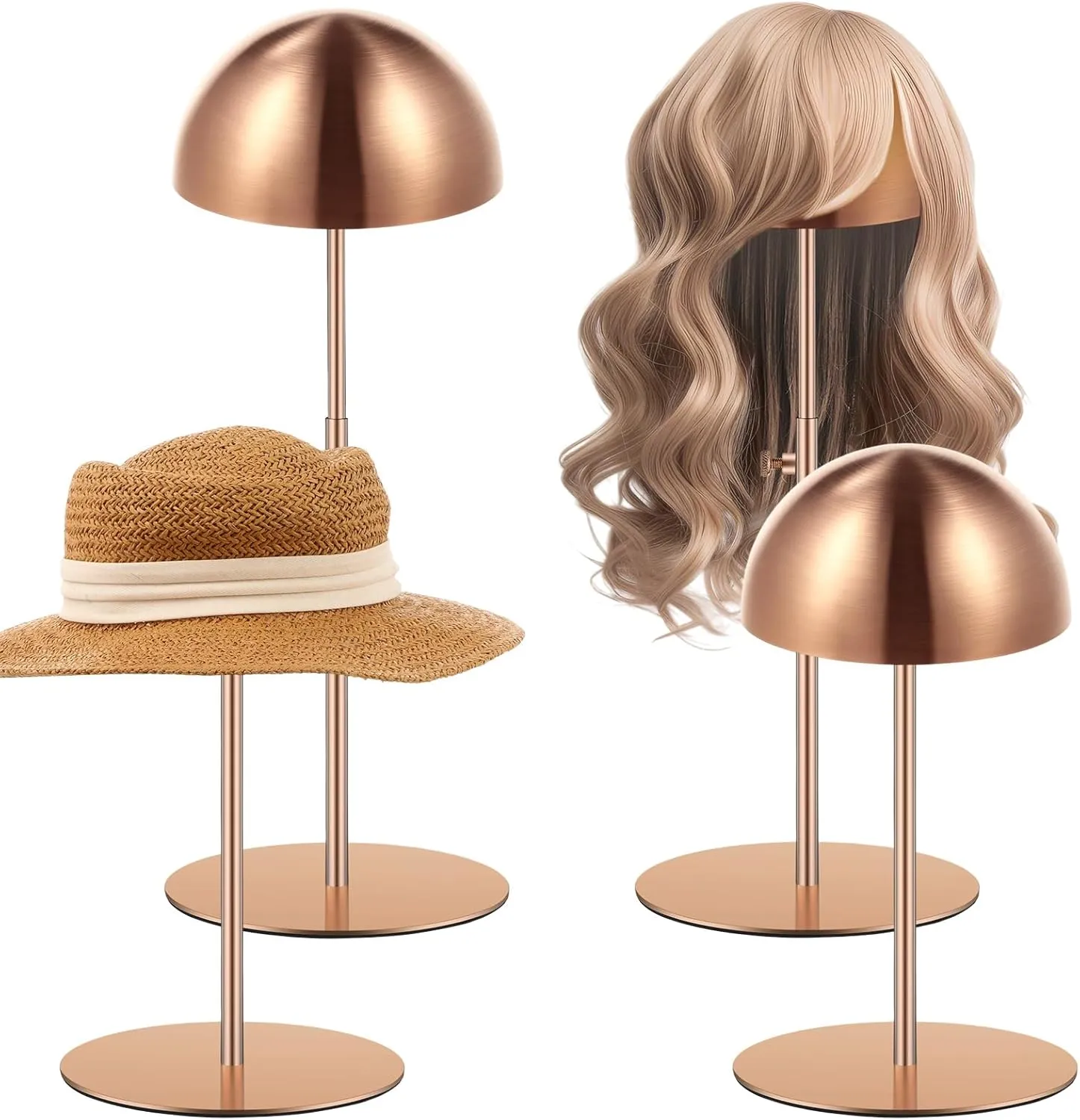 Sintuff 4 Pcs Hat Display Stand 7.9-15.7inch Adjustable Wigs Head Holder Stand Anti Rust Non Slip Stable Stainless Steel Metal Rack for Hat Storage Wig Styling Practice(Rose Gold,Round Base)