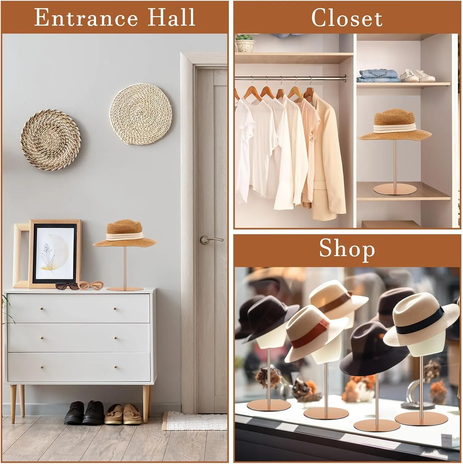 Sintuff 4 Pcs Hat Display Stand 7.9-15.7inch Adjustable Wigs Head Holder Stand Anti Rust Non Slip Stable Stainless Steel Metal Rack for Hat Storage Wig Styling Practice(Rose Gold,Round Base)