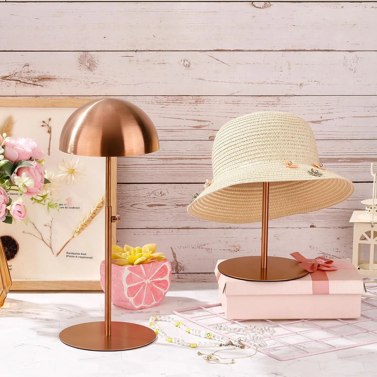 Sintuff 4 Pcs Hat Display Stand 7.9-15.7inch Adjustable Wigs Head Holder Stand Anti Rust Non Slip Stable Stainless Steel Metal Rack for Hat Storage Wig Styling Practice(Rose Gold,Round Base)