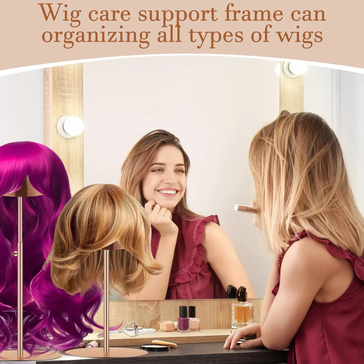 Sintuff 4 Pcs Hat Display Stand 7.9-15.7inch Adjustable Wigs Head Holder Stand Anti Rust Non Slip Stable Stainless Steel Metal Rack for Hat Storage Wig Styling Practice(Rose Gold,Round Base)