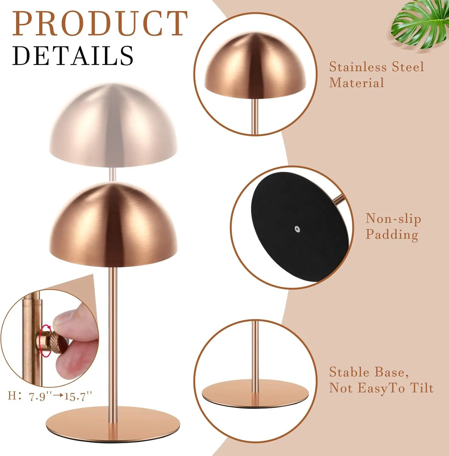 Sintuff 4 Pcs Hat Display Stand 7.9-15.7inch Adjustable Wigs Head Holder Stand Anti Rust Non Slip Stable Stainless Steel Metal Rack for Hat Storage Wig Styling Practice(Rose Gold,Round Base)