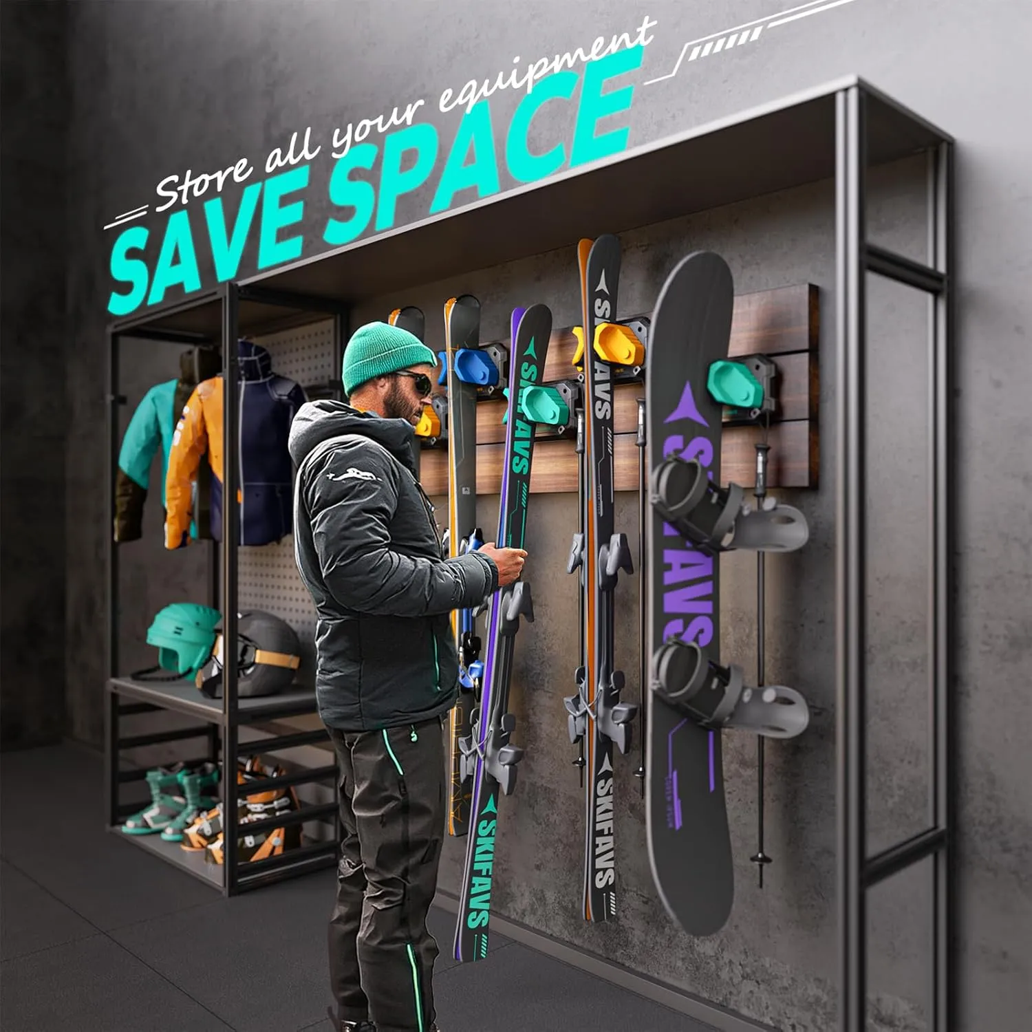 Ski & Snowboard Wall Rack for Garage Wall Fits Any Ski/board, Ski Wall Mount Holders Damage-Free Storage Rack, Garage Organization Space-Saving Winter Gear Organizer, Green, 6 Pack