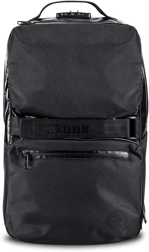 Skunk SoHo Backpack - Smell Proof - Weather Resistant - With Combination Lock (Black/Black Leather)