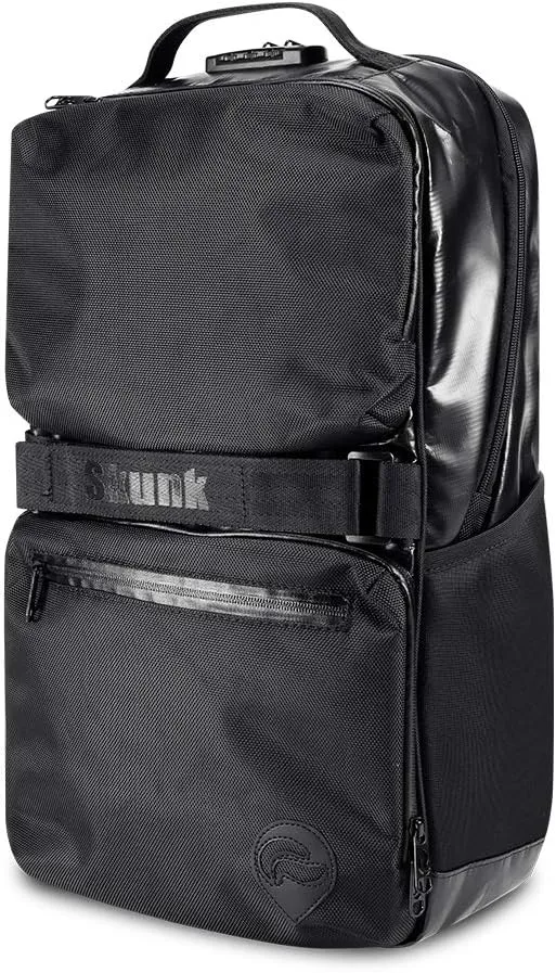 Skunk SoHo Backpack - Smell Proof - Weather Resistant - With Combination Lock (Black/Black Leather)