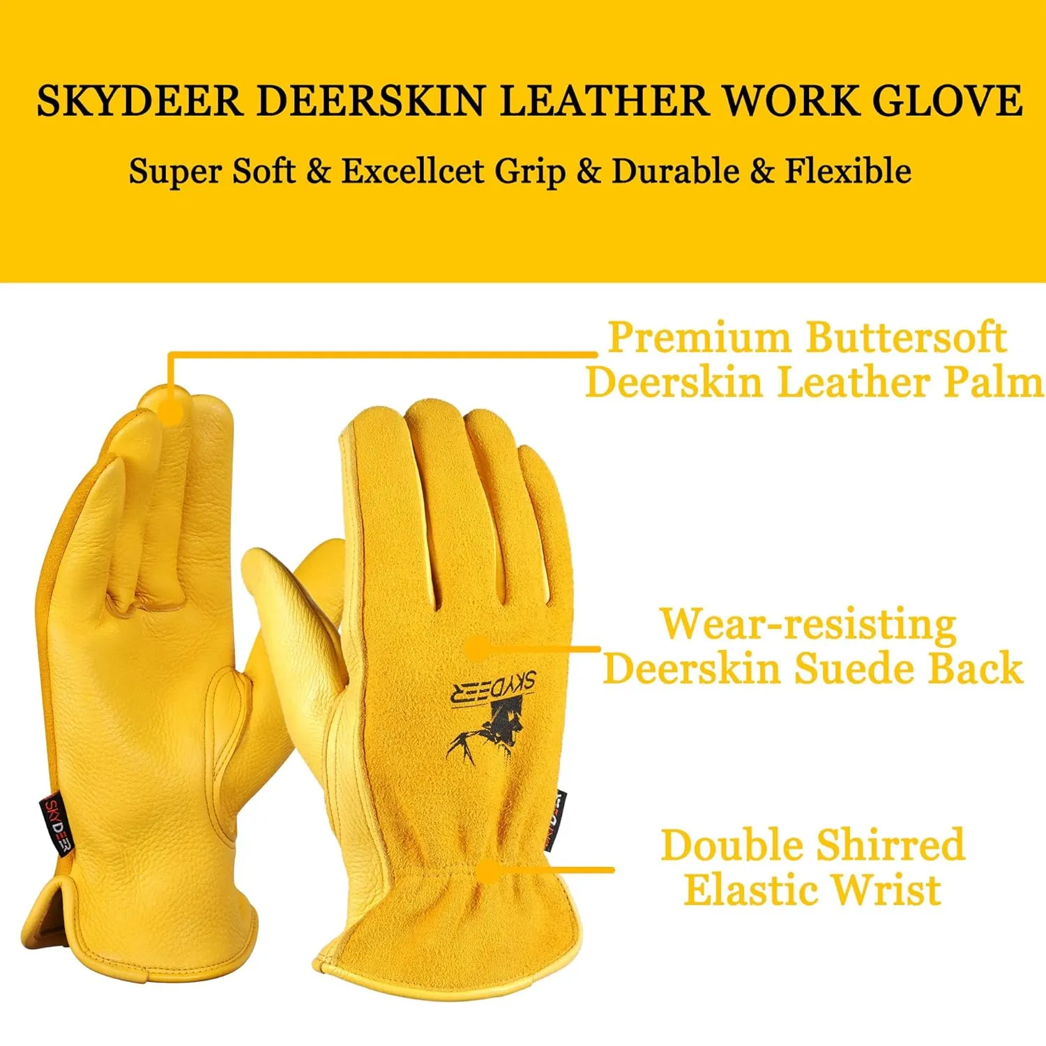 SKYDEER 100% Natural Premium Deerskin Leather Work Gloves Design for Truck Driving (SD2212/XL)
