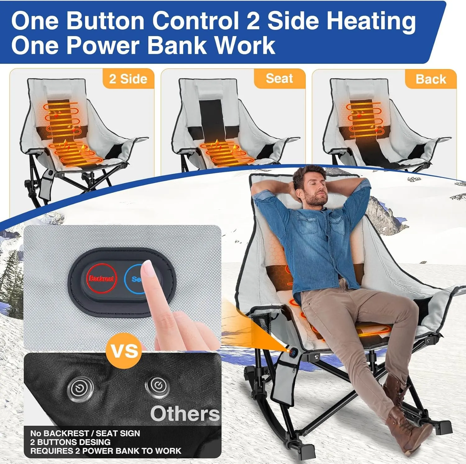 Slendor Oversized Rocking Camping Chair, Heated Camping Chair with 3 Heat Levels, Portable Outdoor Rocker Chair, High Back, Pillow, Carry Bag, Padded, Supports 330 lbs, Grey
