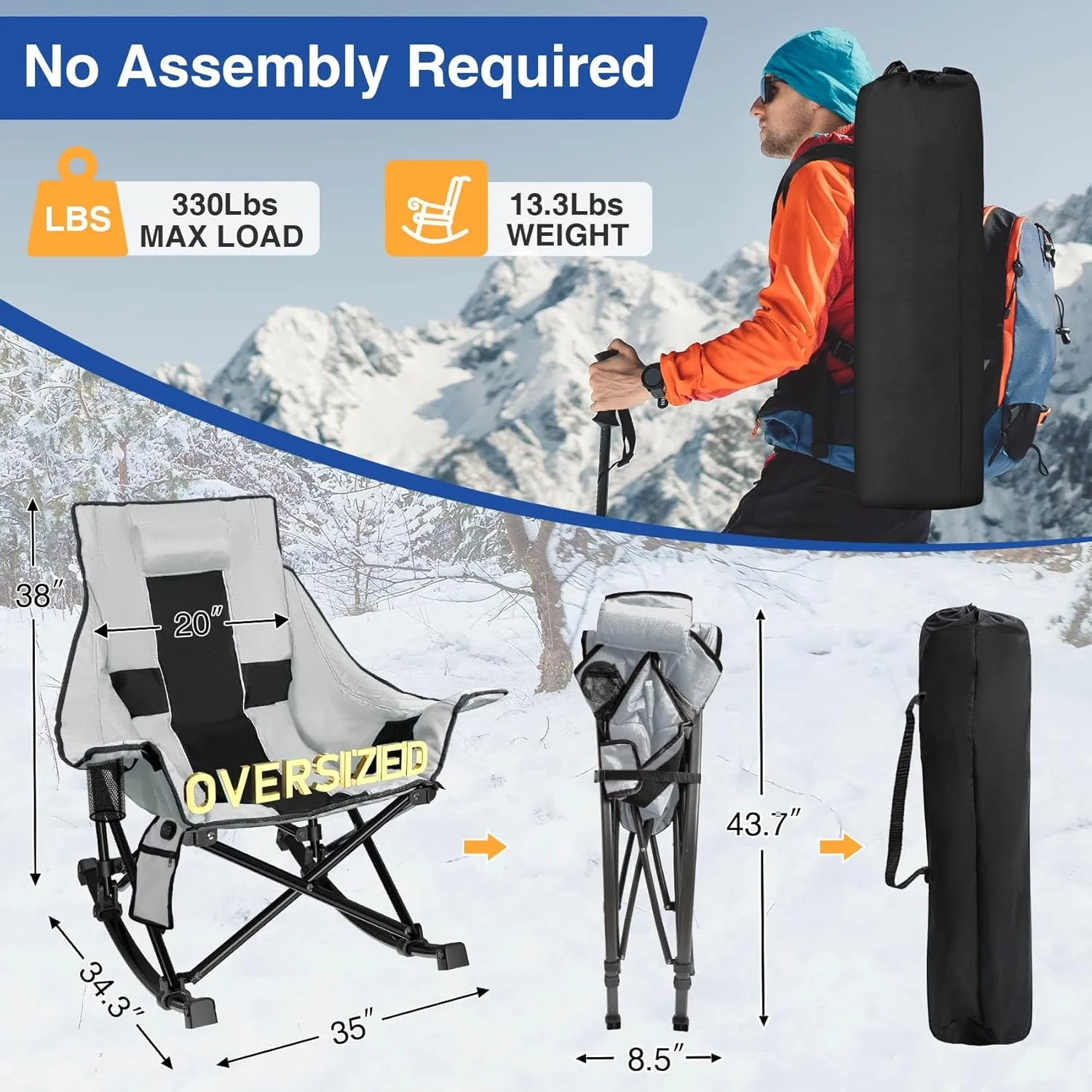 Slendor Oversized Rocking Camping Chair, Heated Camping Chair with 3 Heat Levels, Portable Outdoor Rocker Chair, High Back, Pillow, Carry Bag, Padded, Supports 330 lbs, Grey
