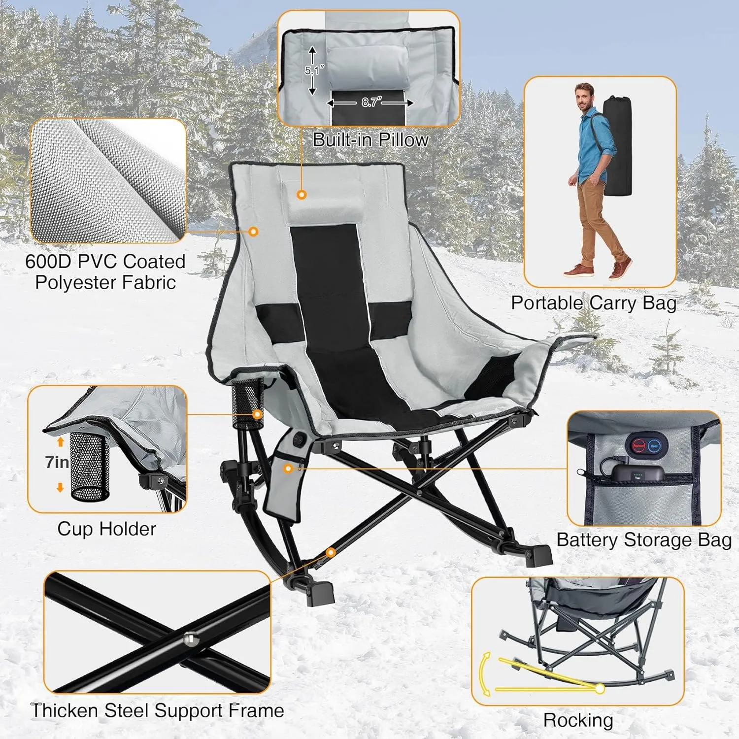 Slendor Oversized Rocking Camping Chair, Heated Camping Chair with 3 Heat Levels, Portable Outdoor Rocker Chair, High Back, Pillow, Carry Bag, Padded, Supports 330 lbs, Grey
